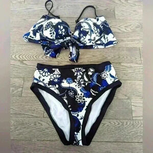 Blue & White Bandeau High Rise Bikini - size M bnwot